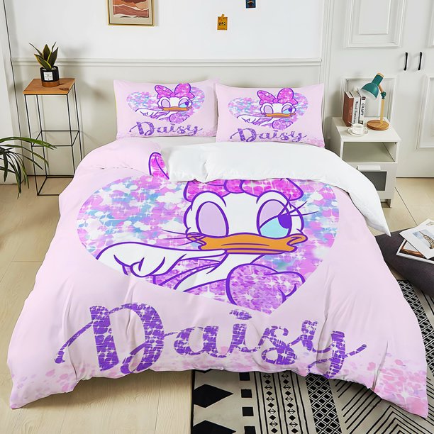 v1576 Bed Sheets Daisy Duck Donald Duck Printed PC Bedding Set Duvet Cover Bed Quilt Cover Bedroom Decor Children Birthday Gift Full Size 3-Piece Bedding Set (1 Duvet Cover + 2 Pillow Shams) Bed Sheet