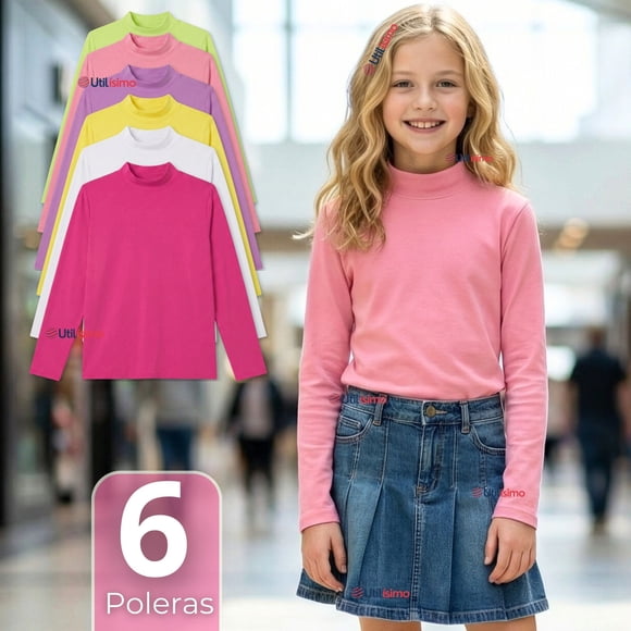 Pack 6 Poleras Camisetas Polar Primera Capa Cuello Beatle Manga Larga Colores Surtido Niña