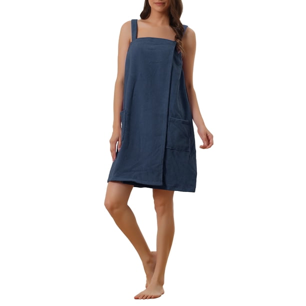 INSPIRE CHIC Vestido de Toalla de Mujer con Cierre de Tela de Terry Absorbente de Secado Rápido con Tirantes Ajustables y Bolsillos XL Azul Marino