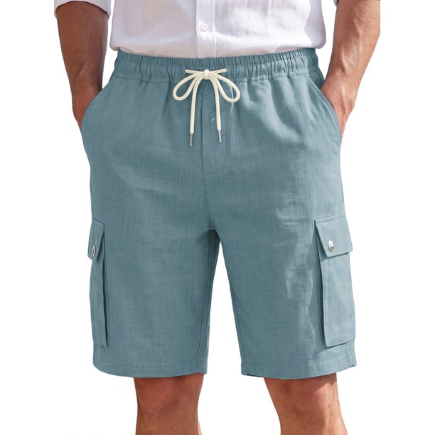 INSPIRE CHIC Pantalones Cortos de Lino para Hombre de Verano con Cintura de Cordón, Ajuste Relajado y Bolsillos Cargo para la Playa S Azul Claro
