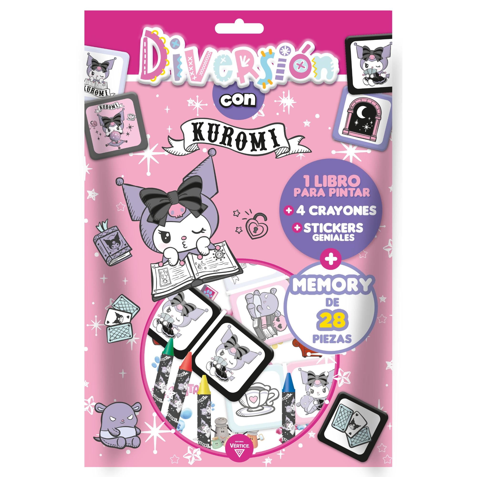 Libro Para Pintar + 4 Crayones + Memory De Piezas Kuromi Vertice