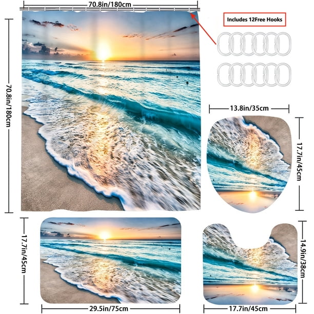 1pc Bathroom Rugs Shower Curtain, Sea Wave Pattern Shower Curtain With 12 Plastic Hooks, Bathroom Non-Slip Mat, U Shaped Toilet Mat And Toilet Cover, Bathroom Accessories, Bathroom Decor, Home Decor