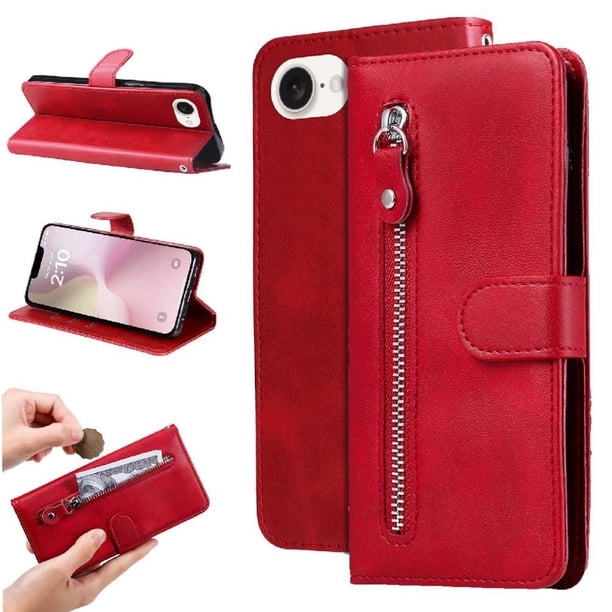Funda tipo cartera para iPhone 16e con bolsillo con cremallera y ranuras para tarjetas – Función de soporte Rojo