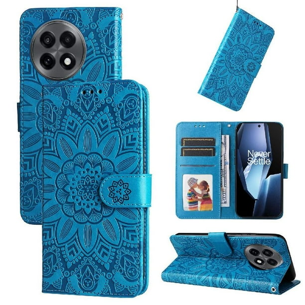 Funda tipo cartera FOXDOCK para OnePlus 13R 5G , diseño girasol en relieve, cuero PU, cierre magnético, soporte y tarjetero