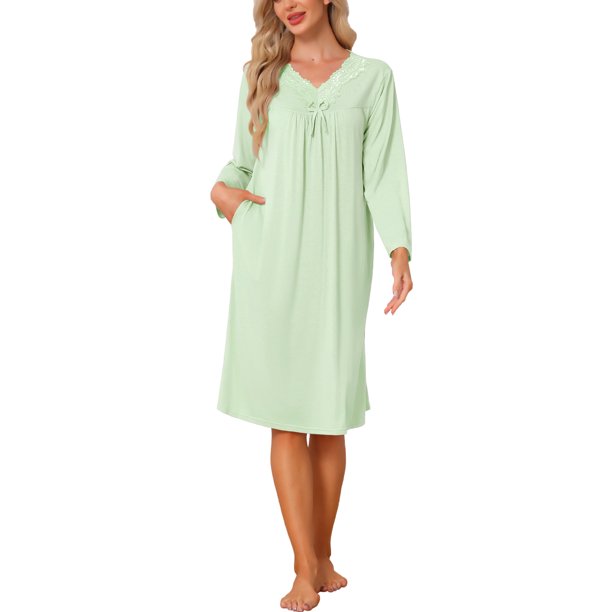 INSPIRE CHIC Camisones de mujer cómodos de encaje Vestido de dormir de manga larga Bata de noche Pijama largo 2026 Ropa de estar M Verde