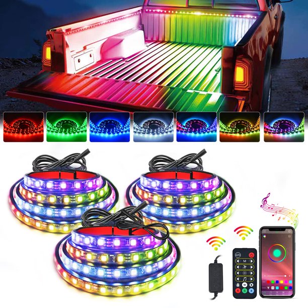 Tira LED RGB-IC para caja de camioneta Nilight, 3 piezas, 152 cm, control remoto y app