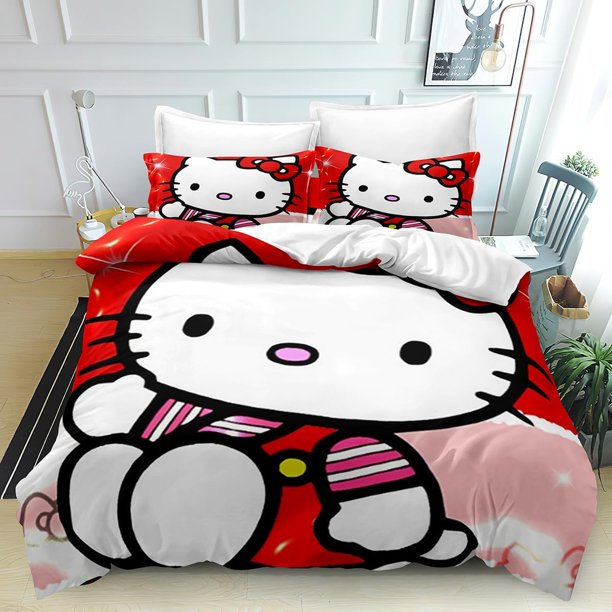 The Anime Quilt Duvet Cover Hello Set Comforter Cover Kitty 3 Pieces Bedding Printed Quilt Cover Set with Pillow Cases Easy Care and Soft Hand Feel Full