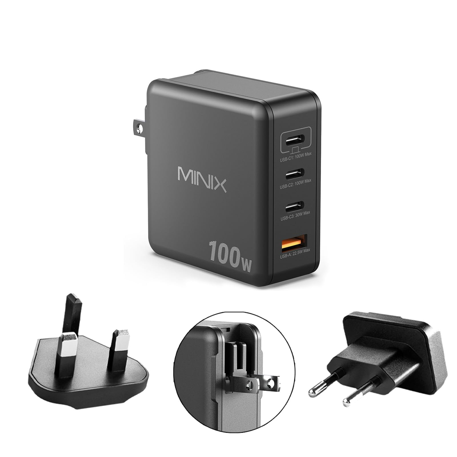 Cargador Minix Usb C De 100 W, 4 Puertos Usb-a/c, Plegable, Rápido, Pps Gan