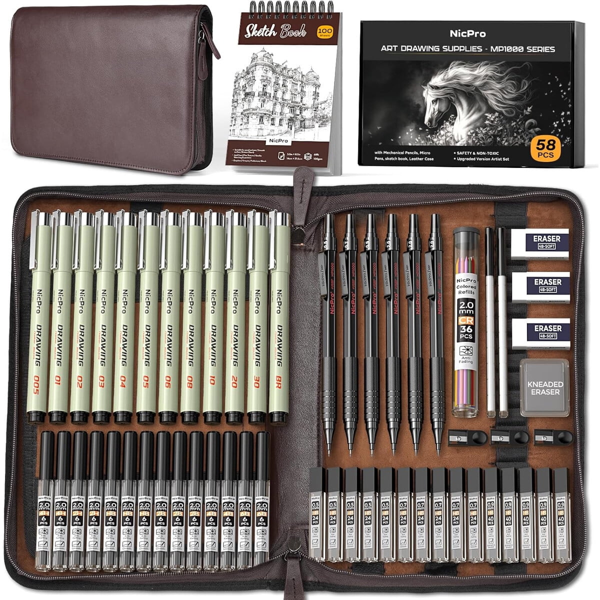 Set Dibujo Artístico Nicpro Mp100 58 Piezas Estuche Cuero