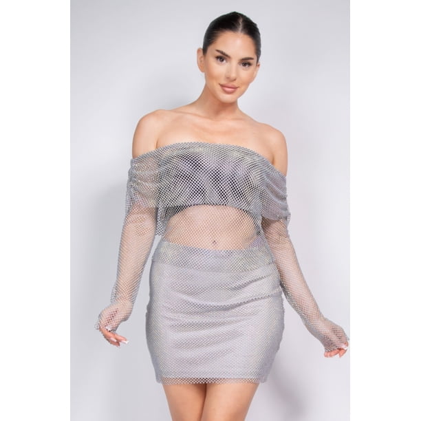 Saronite Vestido de Manga Larga con Cintura Alta, Encaje de Rejilla y Hombros Descubiertos Fruncido, Gris (para Mujer)