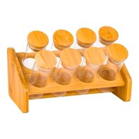 Wakeshome - Set 8 Frascos Para Condimentos Vidrio Tapa Bambu + Soporte