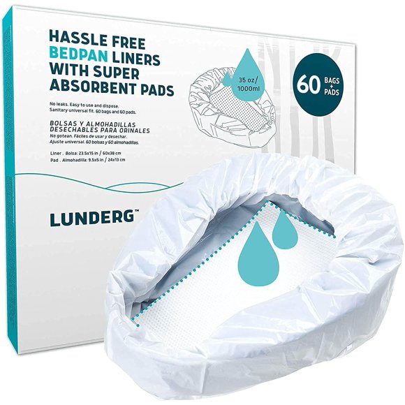 Bedpan Liners Lunderg con almohadillas superabsorbentes, 60 unidades