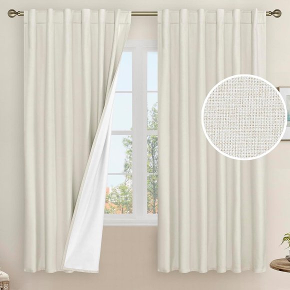 LAMIT 100 Blackout Natural Linen Bedroom Curtains 63 Inches