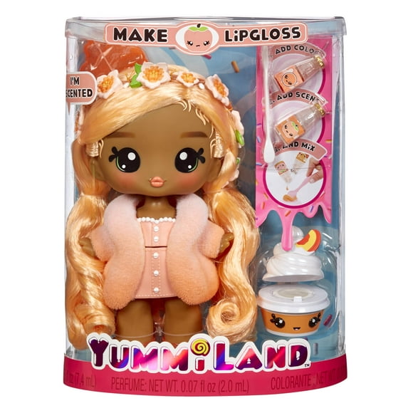 Muñeca Yummiland grande Piper Peach con brillo de labios para mascotas de 4 años o más