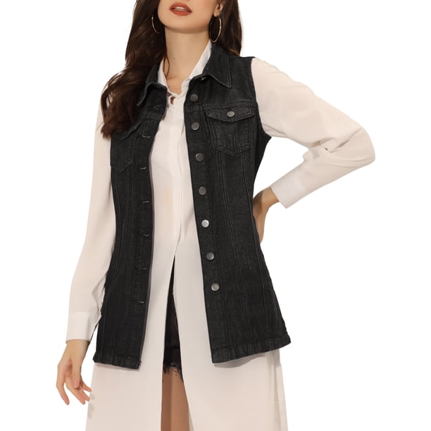 INSPIRE CHIC Chaleco de Mezclilla para Mujer sin Mangas con Botones de Largo Medio Casual Chaleco de Jean Negro XS