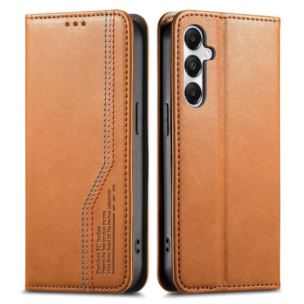 Funda tipo cartera para Samsung Galaxy A35 de piel con cierre magnético, ranuras para tarjetas y correa para la muñeca Marrón