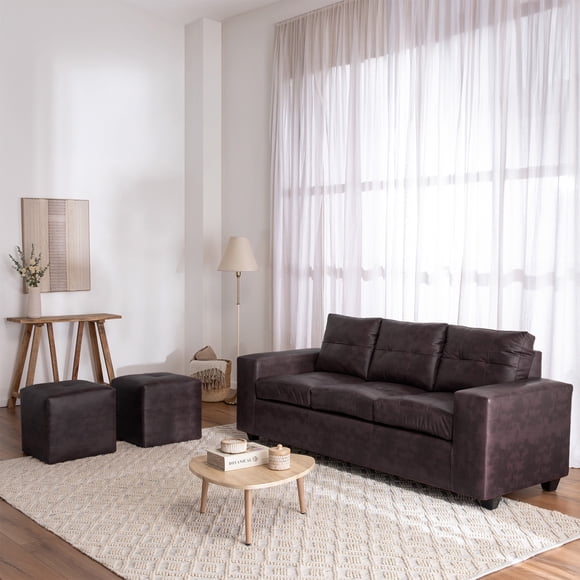 Sofá 3 cuerpos + 2 Pouf Lucca PU Café Moro