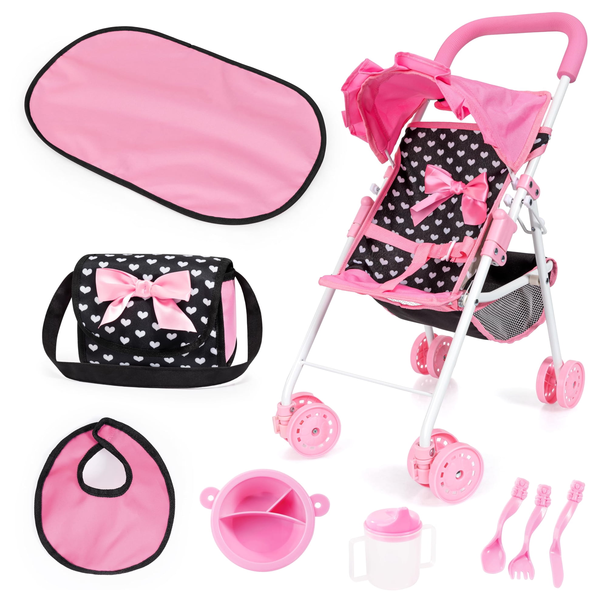 Set De Cochecito Para Muñecas Bayer Buggy Con Corazones Negros Y Rosas Con Accesorios