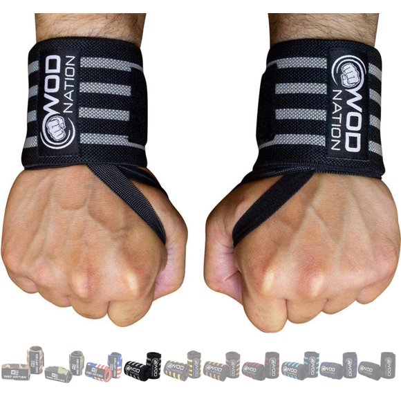 Muñequeras WOD Nation 46 cm Negro/Gris con Cierre de Gancho y Bucle