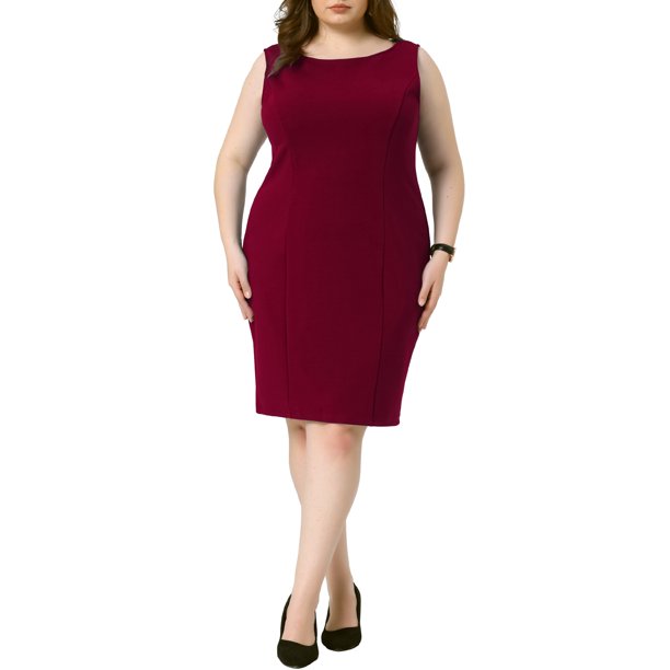 Agnes Orinda Vestido de Talla Grande para Mujer, Estilo Escolar Universitario, Sin Mangas, Cuello de Barco, Casual, Recto, Lápiz, para Trabajo, 1X Burdeos
