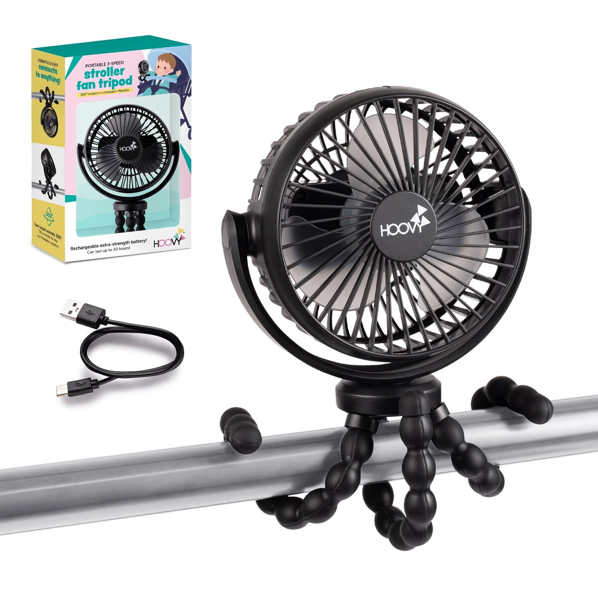 Ventilador Coche Hoovy Recargable Usb Trapode Flexible 3 Velocidades