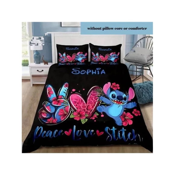 x1051 Bed SheetsDuvet Cover Peace Love Stitch Cartoon Bedding Set Comfort Quilty Cover Size for Children Home Decore 3-Piece Bedding Set (1 Duvet Cover + 2 Pillow Shams) nj1051