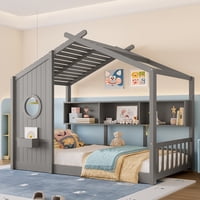 M&Ms - Twin Size Floor House Bed For Toddler, Kids Montessori Bed With Storage Shelf, Playhouse Bed With Roof Design, Gray