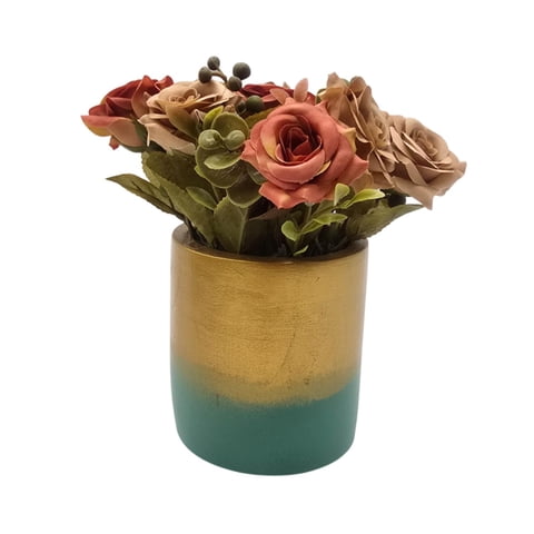 Fliperex - Planta Artificial Macetero Dorado Con Rosas Decorativas Rojo