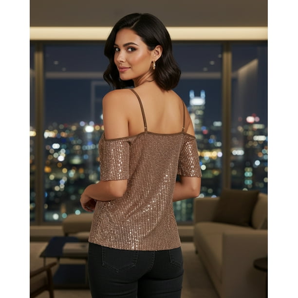 Blusa Mujer de Mangas Caídas con Lentejuelas Brillosas