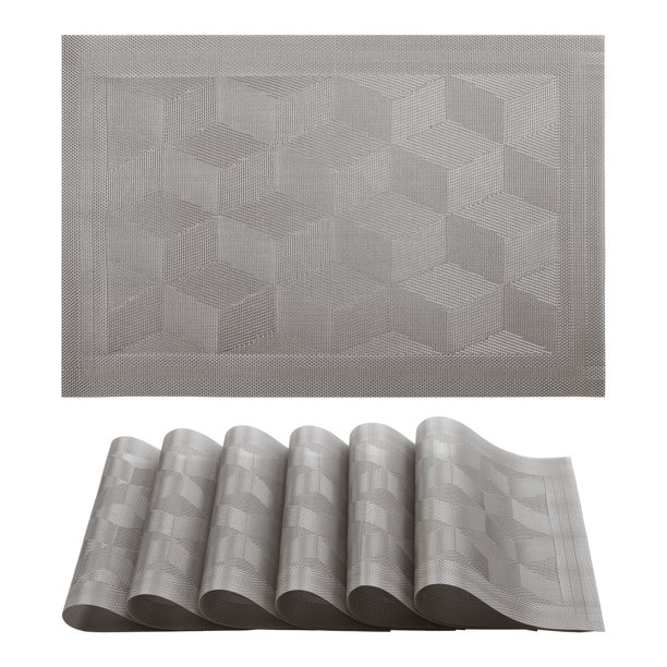 Juego de 6 Manteles Individuales de Plástico para Decoración de Mesa de Comedor, Lavables, con Patrón Cuadrangular Plata-Gris 45*30cm