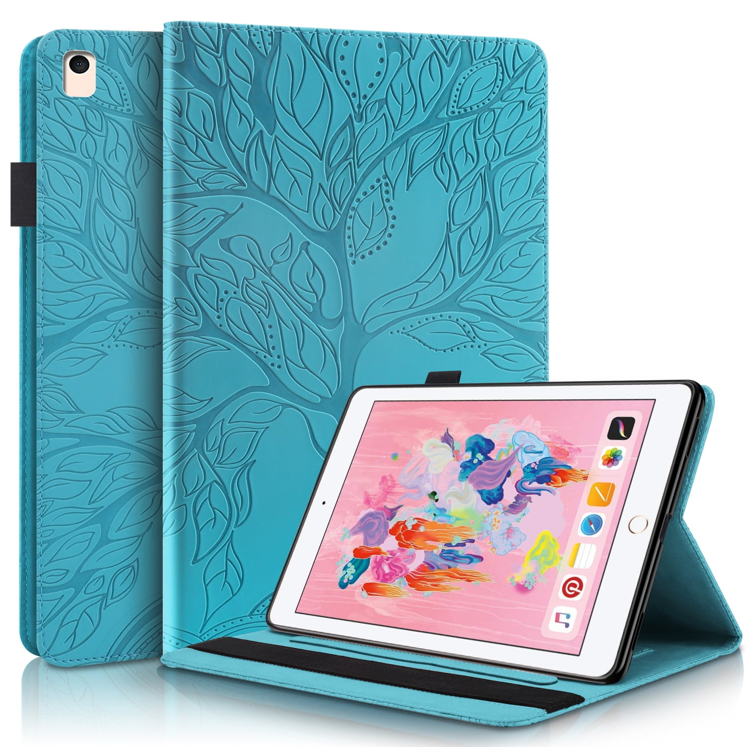 Foxdock - Funda Con Relieve Del Árbol De La Vida Para Tablet Ipad 5/6/8/9 Con Soporte, Ranuras Para Tarjetas Y Soporte Para Lápiz Óptico. Azul