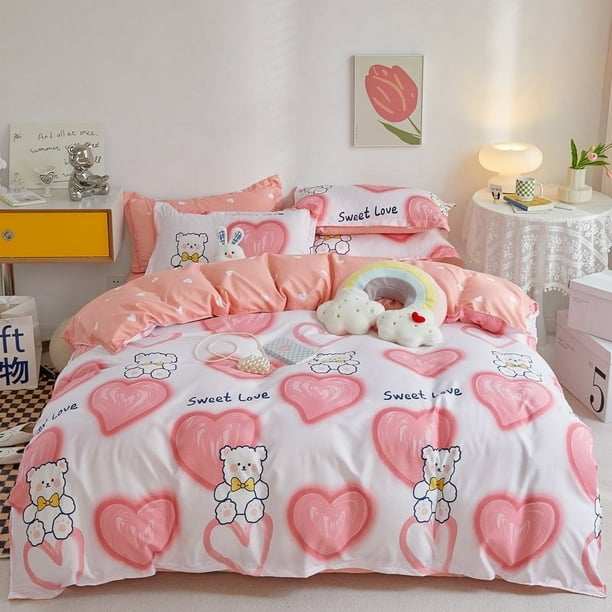 Juego De Cama De Poliéster Oso Blanco Corazones Rosas