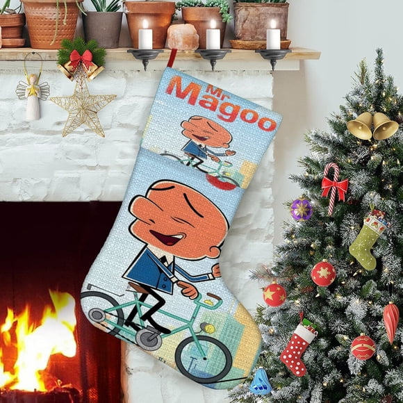 Sr. Magoo Tema: Calcetines de Navidad, fino lino blanco para colgar en escaleras y chimenea, decoración navideña para el hogar, regalo de Navidad. 45cm × 32cm