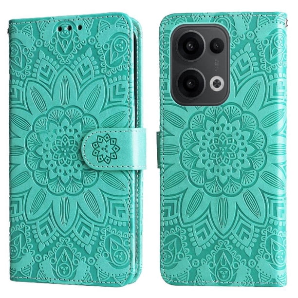 Funda tipo cartera FOXDOCK para OPPO Reno 14F 5G , diseño girasol en relieve, cuero PU, cierre magnético, soporte y tarjetero