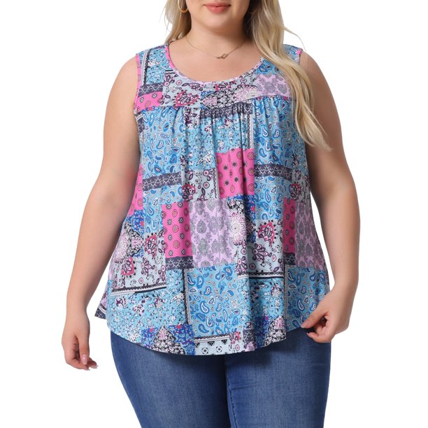 Agnes Orinda Camisetas sin mangas boho de talla grande para mujer, cuello redondo plisado, sin mangas, dobladillo curvado, casual, playero, fluido, camisola, camiseta 2X azul