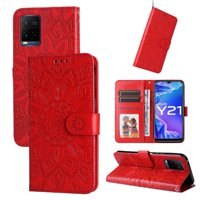 Funda Tipo Cartera Foxdock Para Vivo Y21S , Diseño Girasol En Relieve, Cuero Pu, Cierre Magnético, Soporte Y Tarjetero