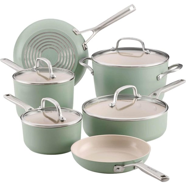 Juego de utensilios de cocina KitchenAid 10 piezas, cerámica antiadherente, color Cardamomo