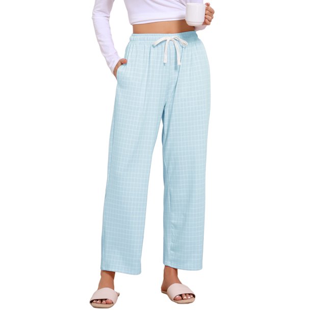Pantalones de pijama de pierna ancha a cuadros para mujer de INSPIRE CHIC con cintura ajustable y tejido suave y elástico S Azul