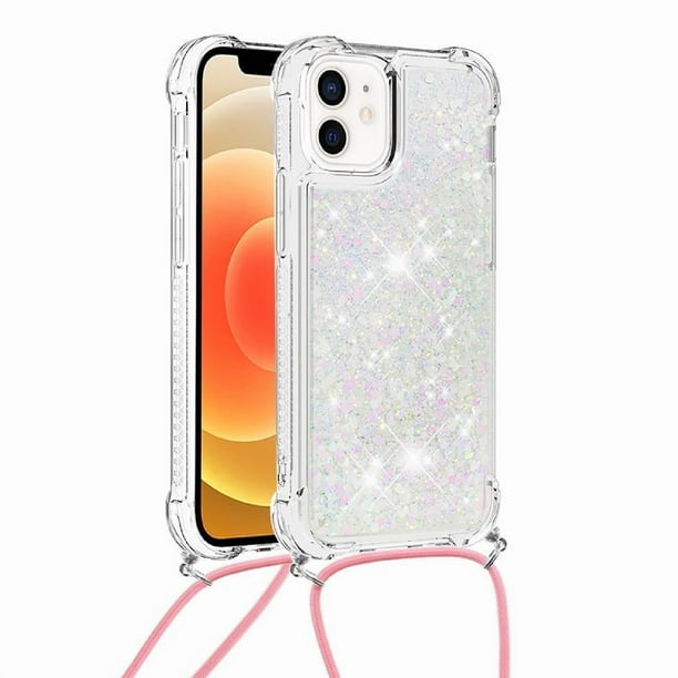 Funda FOXDOCK para iPhone 12 Mini con Cuerda Ajustable, Brillo Líquido, Protección Antigolpes y Lente – Ideal para Regalo