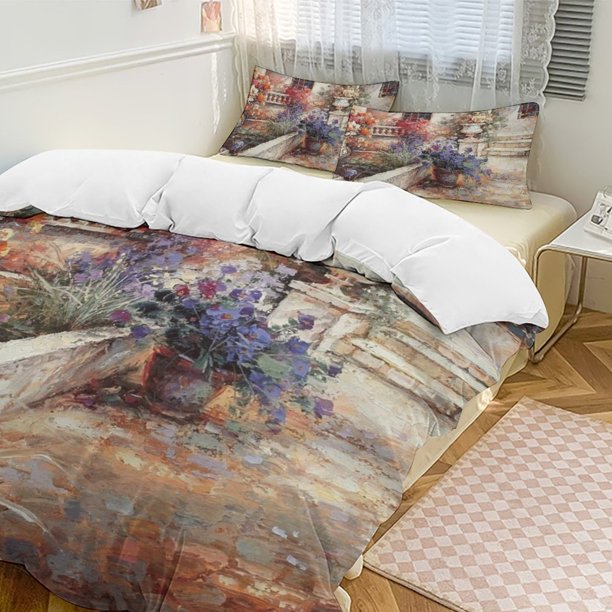 Oil Painting Style 3-Piece Twin Bed Set - Includes 1 Single Comforter And 2 Pillowcases Bedding - Fade Resistant Microfiber - Oil Painting Style