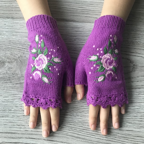 Flower Embroidery Gloves - Handmade Knit Fingerless Gloves for Women