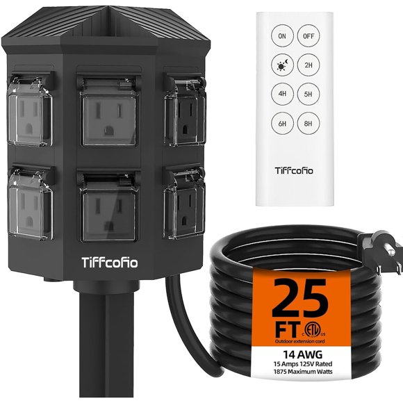 Outdoor Power Strip with 25FT Extension Cord, 100FT Remote Control