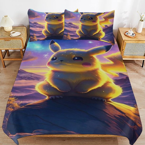 Pi-ka-chu Bed Duvet Cover Microfiber Bedding Sets 3D Printed Lightweight 3 Piece Comforter Sets for Kids Boys Girls