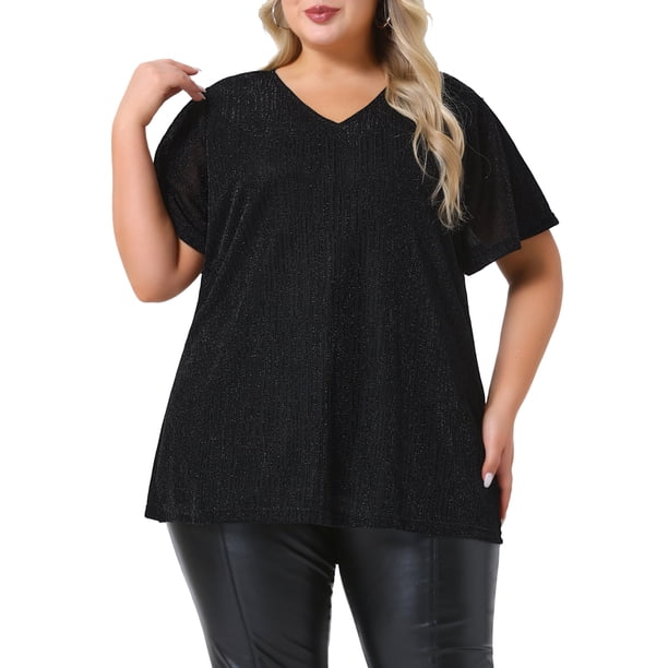 Agnes Orinda Blusas de Mujer Tallas Grandes Cuello en V Metálico Manga Corta Camiseta Tops de Fiesta 3X Negro