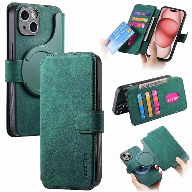 Funda Billetera Magnética para iPhone 15 Soporte Tarjetas Desmontable Verde