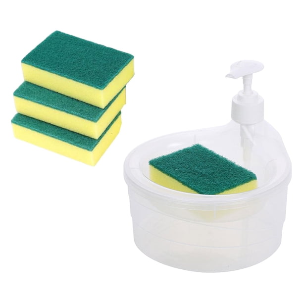 Dispensador de jabón para platos y soporte de esponja, dispositivos 2 en 1, contenedor dispensador de bomba de líquido, dispensador de jabón de cocina Claro