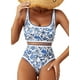 thumbnail image 1 of Conjunto de bikini Herseas con estampado floral y cintura alta acolchado azul para mujer, 1 of 3