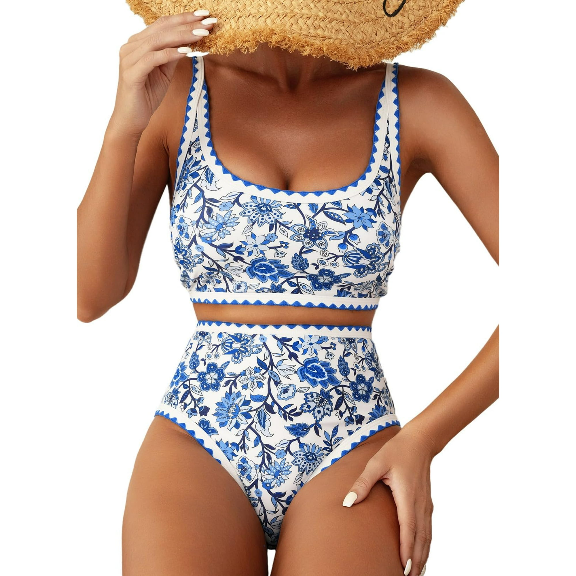 Conjunto De Bikini Herseas Con Estampado Floral Y Cintura Alta Acolchado Azul Para Mujer