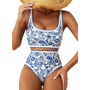 Conjunto De Bikini Herseas Con Estampado Floral Y Cintura Alta Acolchado Azul Para Mujer