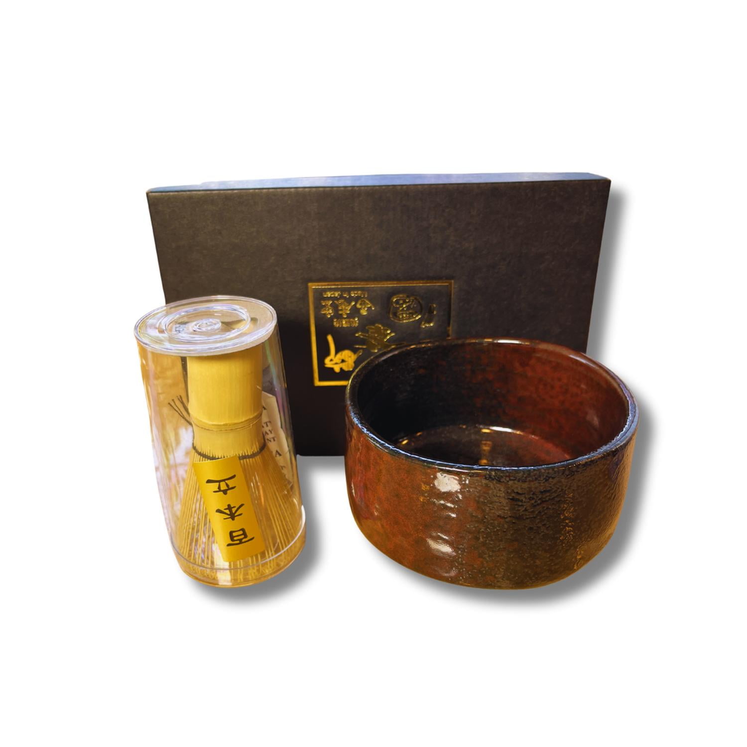 Kenko Foods - Set Tazón Japonés Para Matcha Y Batidor Diseño Arena Negra Y Esmalte Rojo